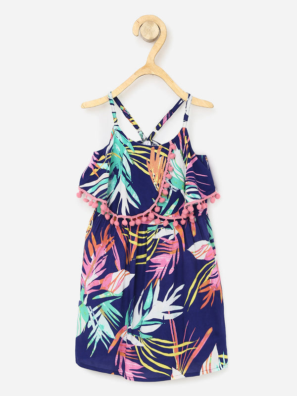 Girls Navy Printed Rayon Dress with Cross Straps