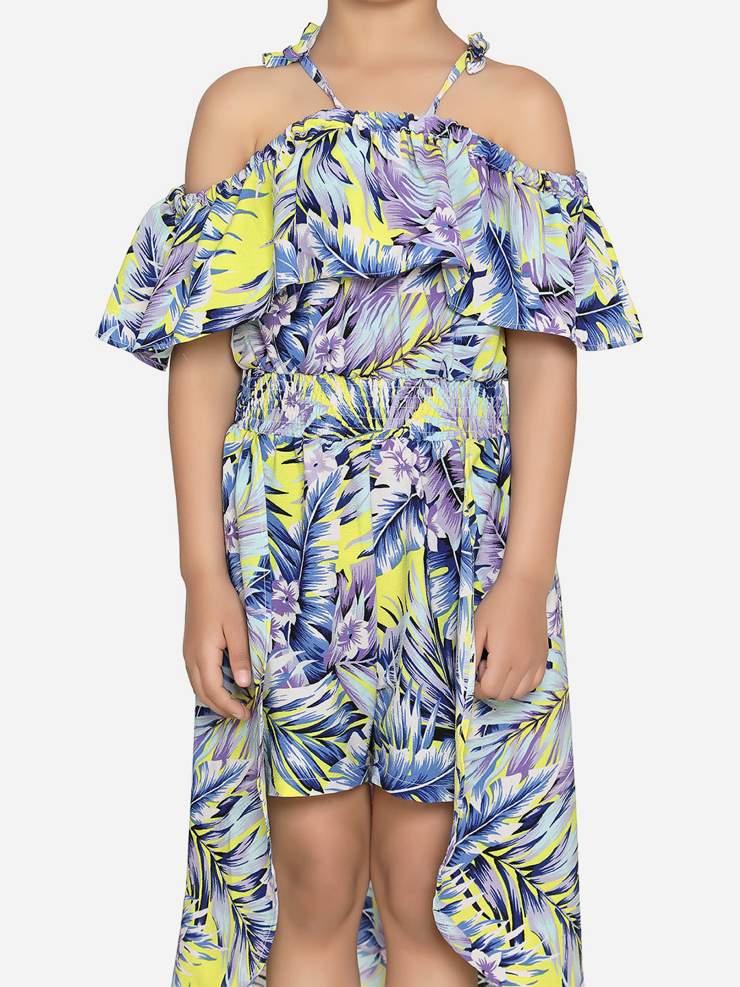 Blue and Yellow Printed Jumpsuit with Shorts and Trail