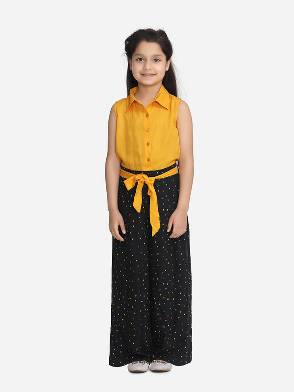 Girls Yellow and Black Rayon Jumpsuit with belt