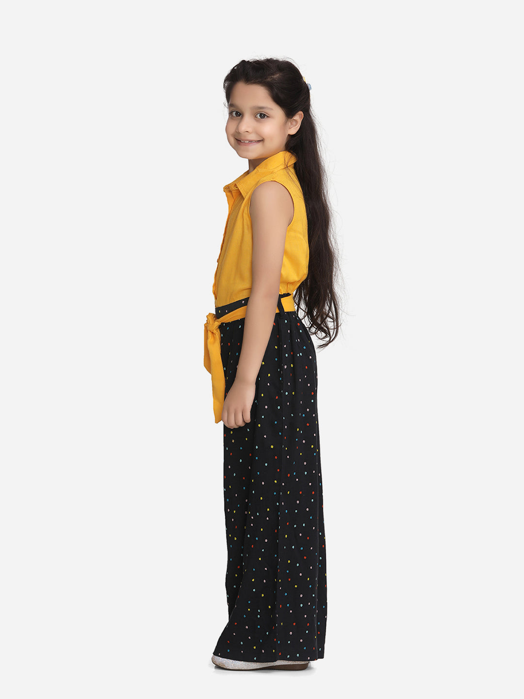 Girls Yellow and Black Rayon Jumpsuit with belt