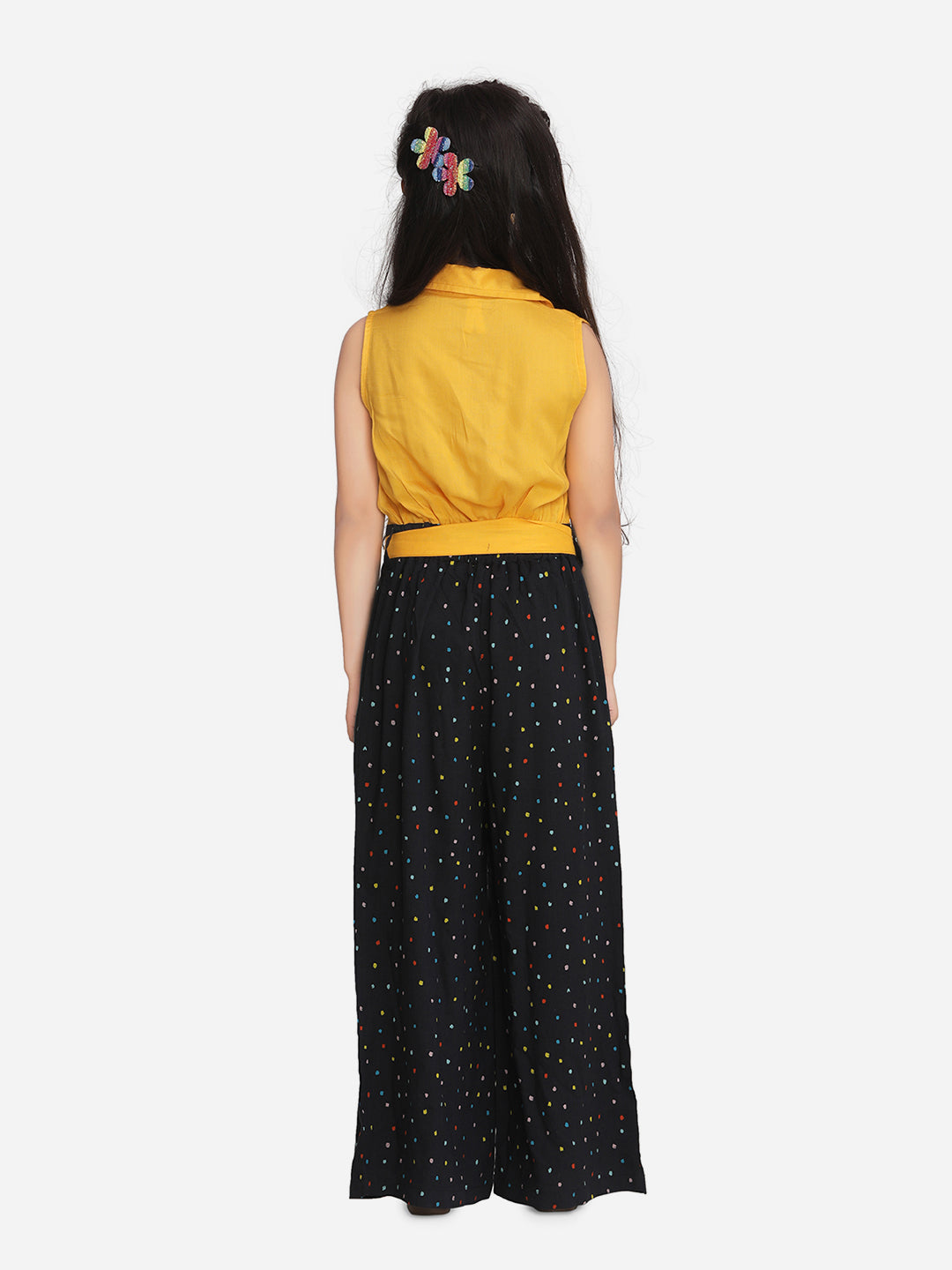 Girls Yellow and Black Rayon Jumpsuit with belt