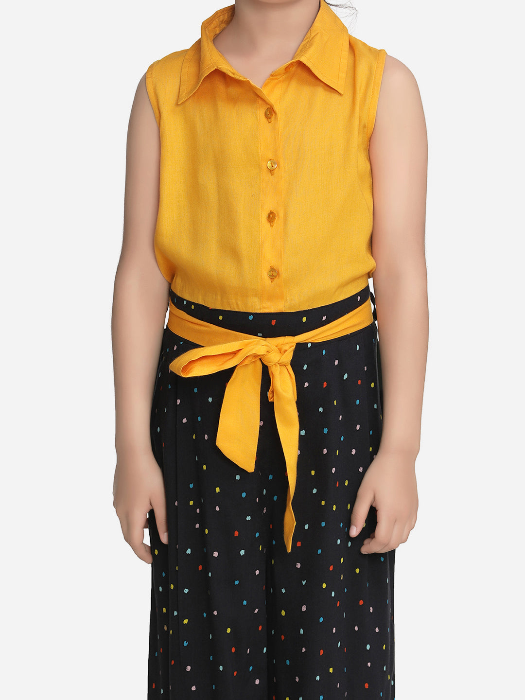 Girls Yellow and Black Rayon Jumpsuit with belt