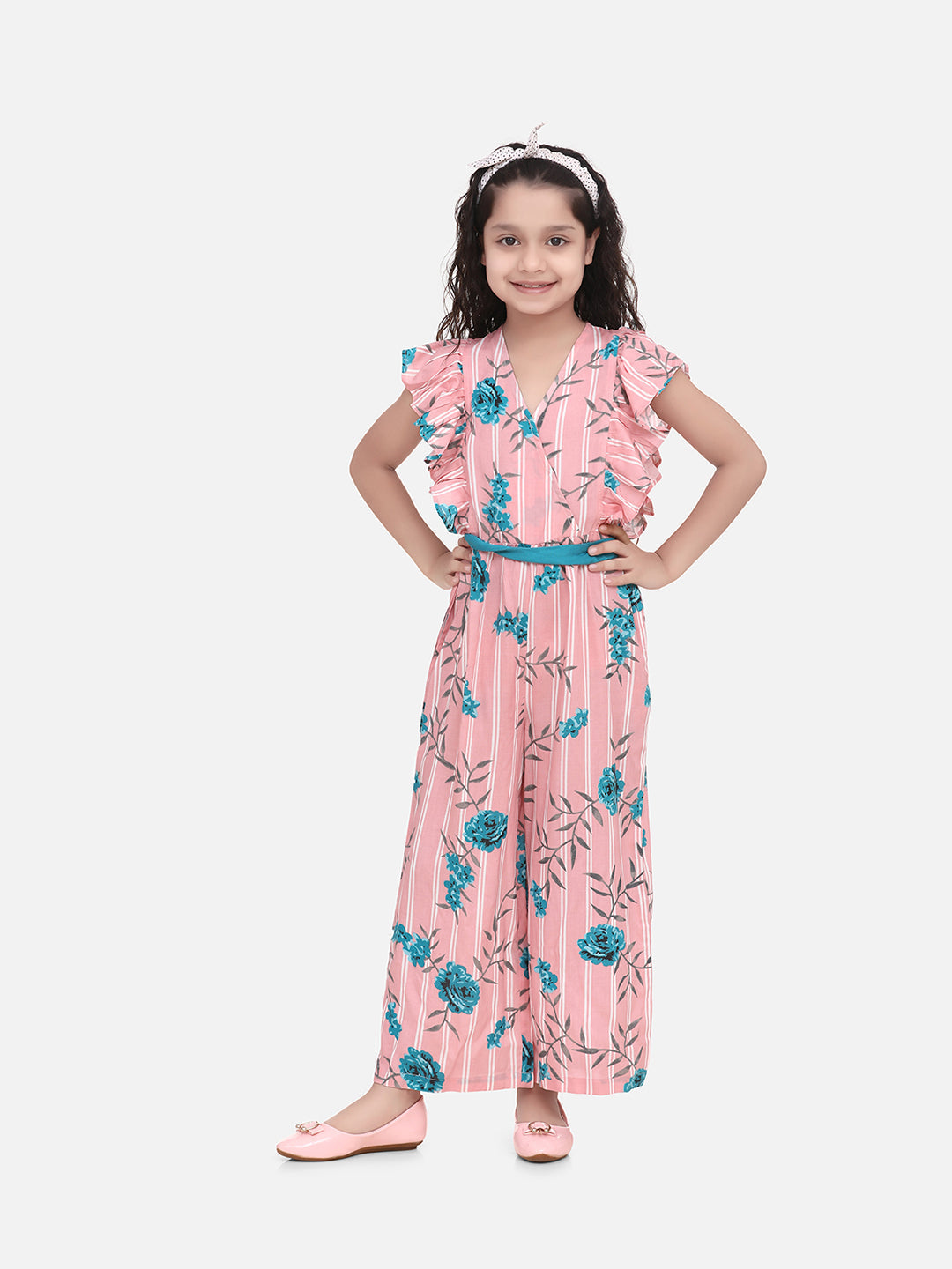 Cotton Turquoise Floral Ruffle Sleeve Jumpsuit
