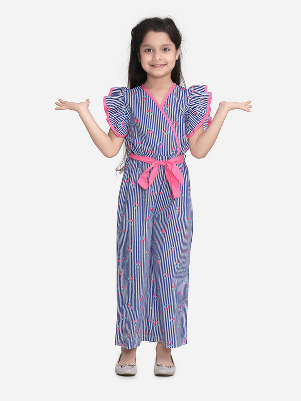 Girls Blue and Pink Stripe Cherry Jumpsuit