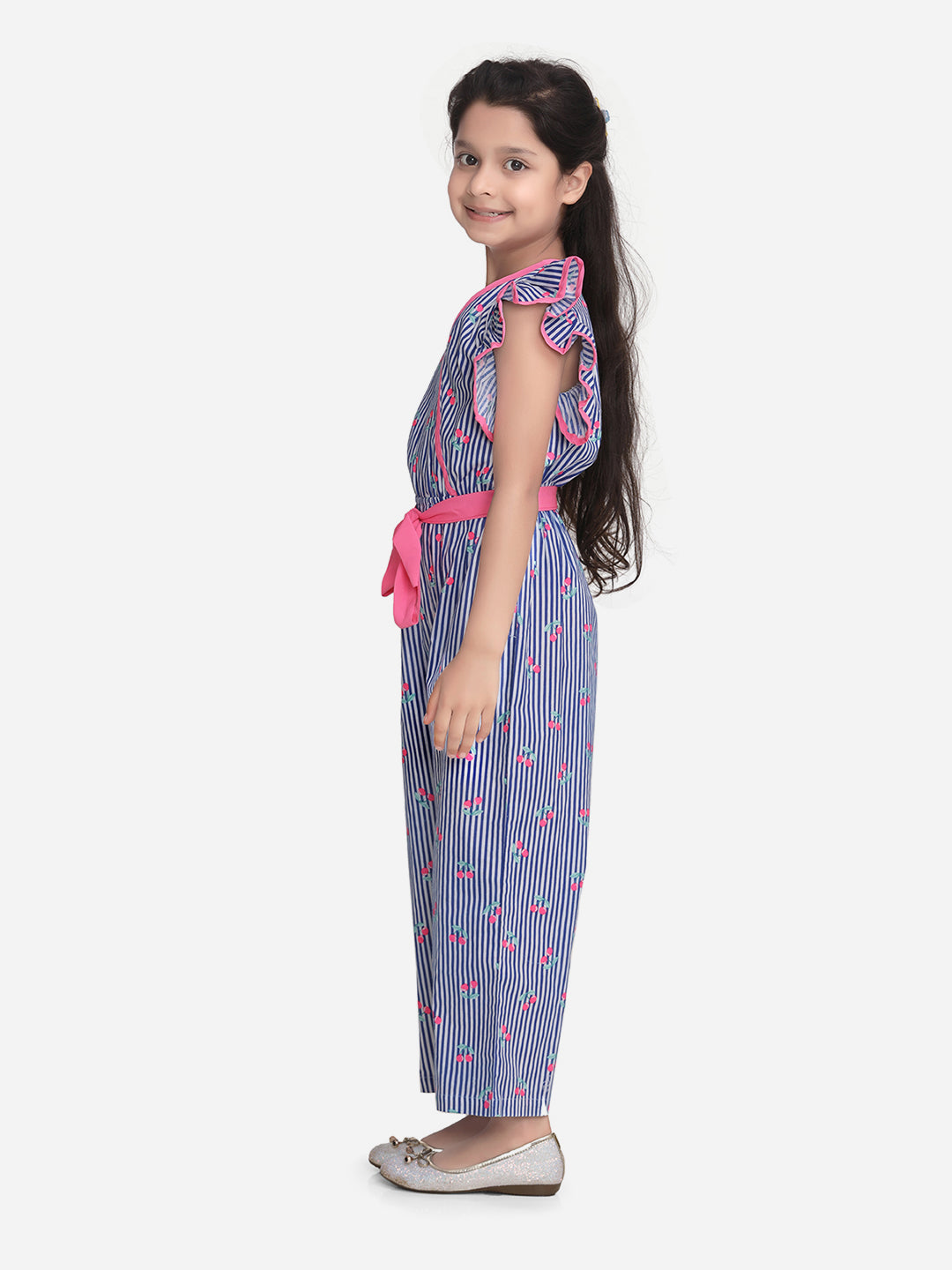 Girls Blue and Pink Stripe Cherry Jumpsuit