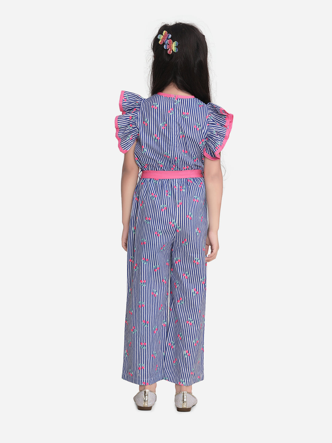 Girls Blue and Pink Stripe Cherry Jumpsuit