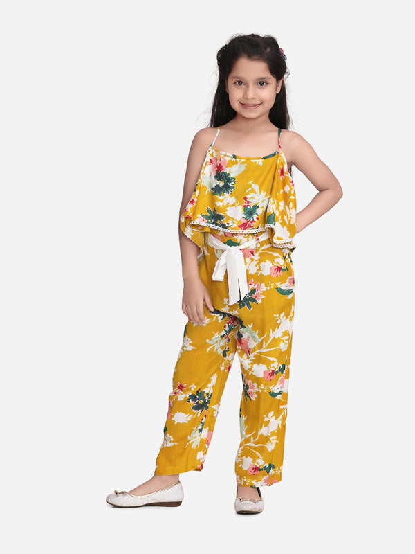 Girls Yellow Floral Cross Back Jumpsuit