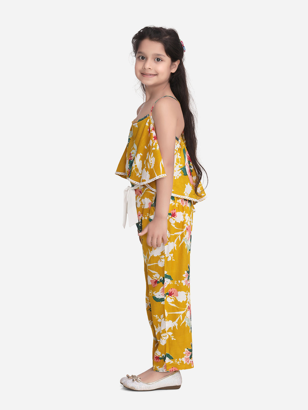 Girls Yellow Floral Cross Back Jumpsuit