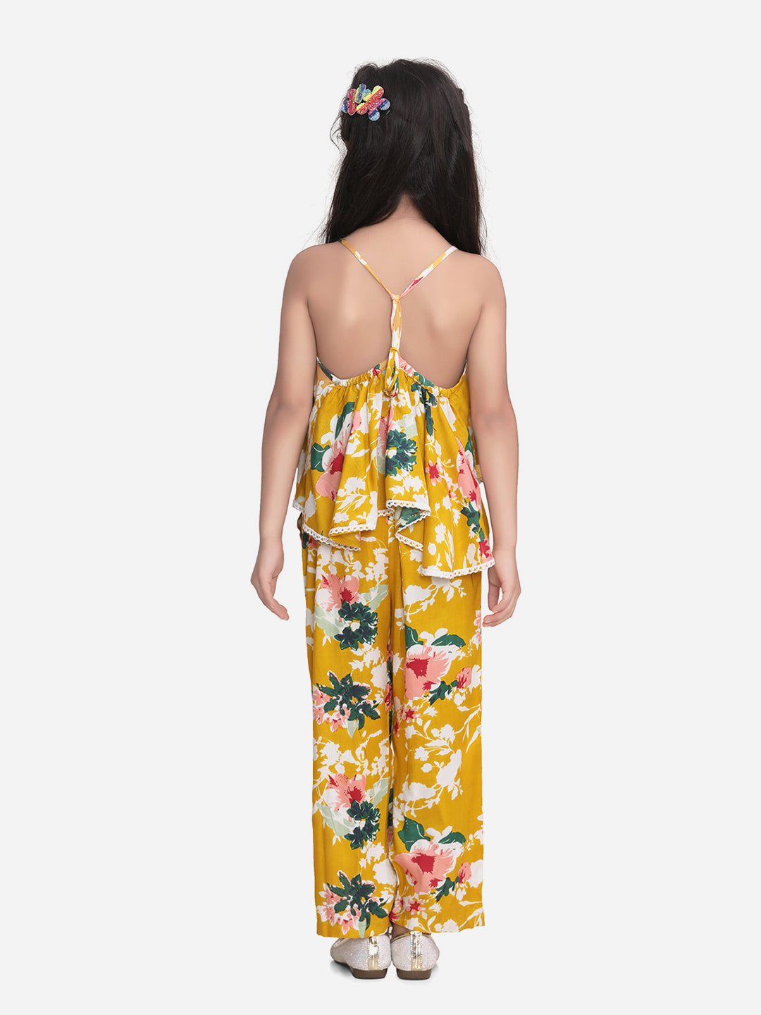 Girls Yellow Floral Cross Back Jumpsuit