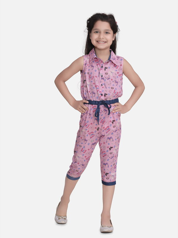 Girls Cotton Pink Butterfly Capri Style Jumpsuit