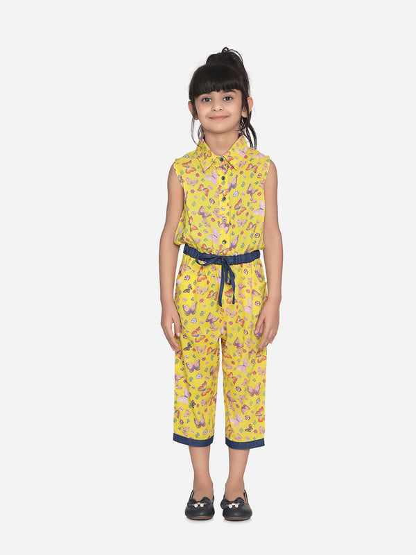 Girls Cotton Yellow Butterfly Capri Style Jumpsuit