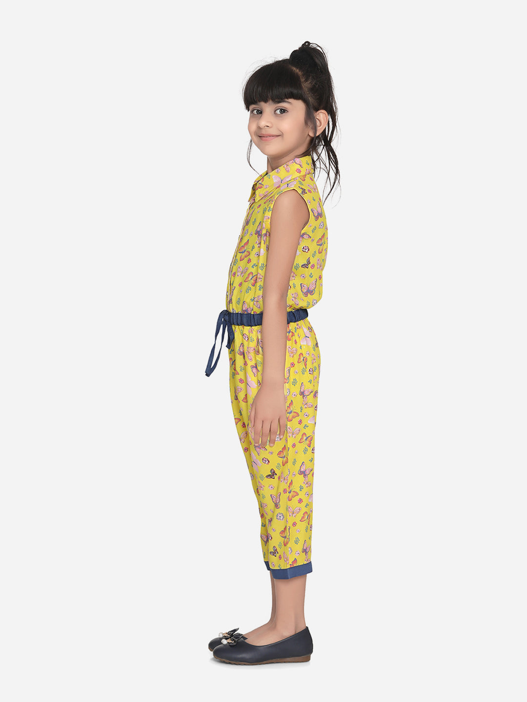 Girls Cotton Yellow Butterfly Capri Style Jumpsuit