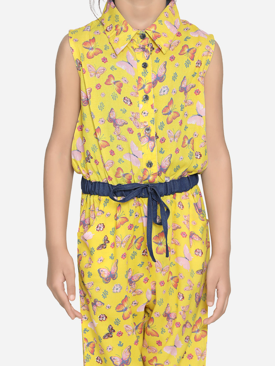 Girls Cotton Yellow Butterfly Capri Style Jumpsuit