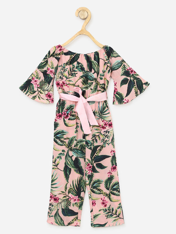 Polyester crepe Pink Floral Bell Sleeve Jumpsuit