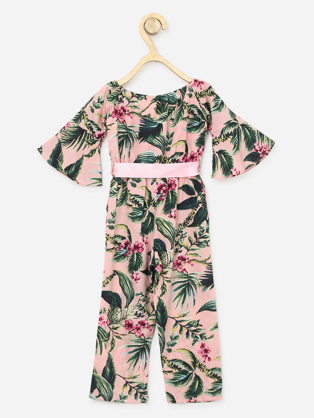 Polyester crepe Pink Floral Bell Sleeve Jumpsuit