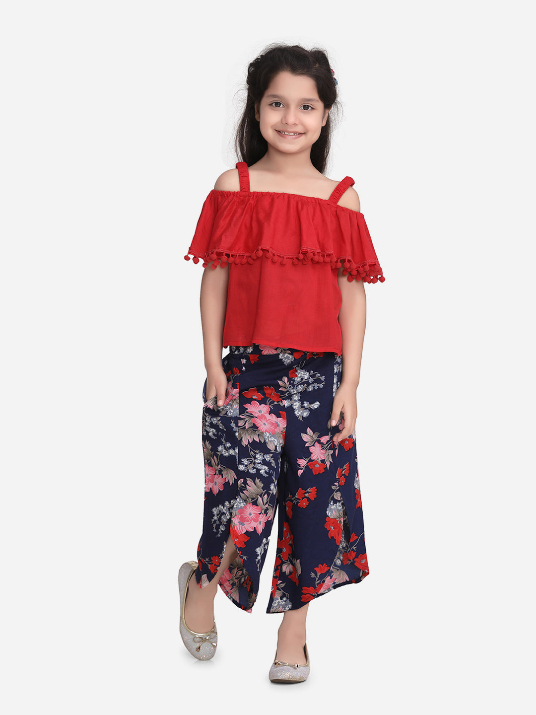 Girls Red Top and Floral 3/4th Pants Set