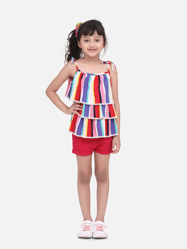 Girls Rainbow Striped Top with Pink Shorts Set