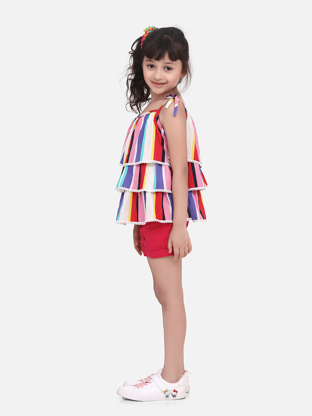 Girls Rainbow Striped Top with Pink Shorts Set