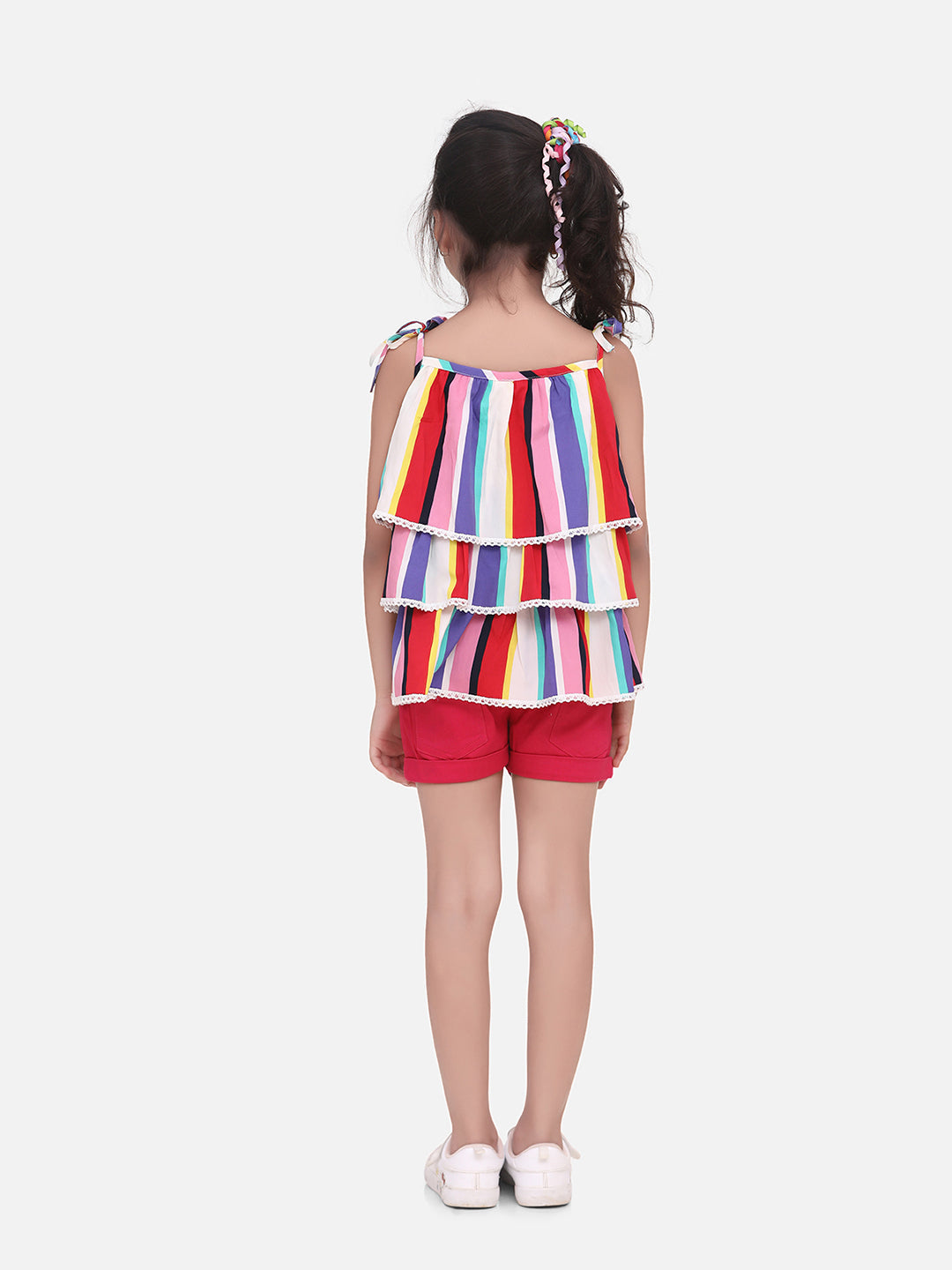 Girls Rainbow Striped Top with Pink Shorts Set