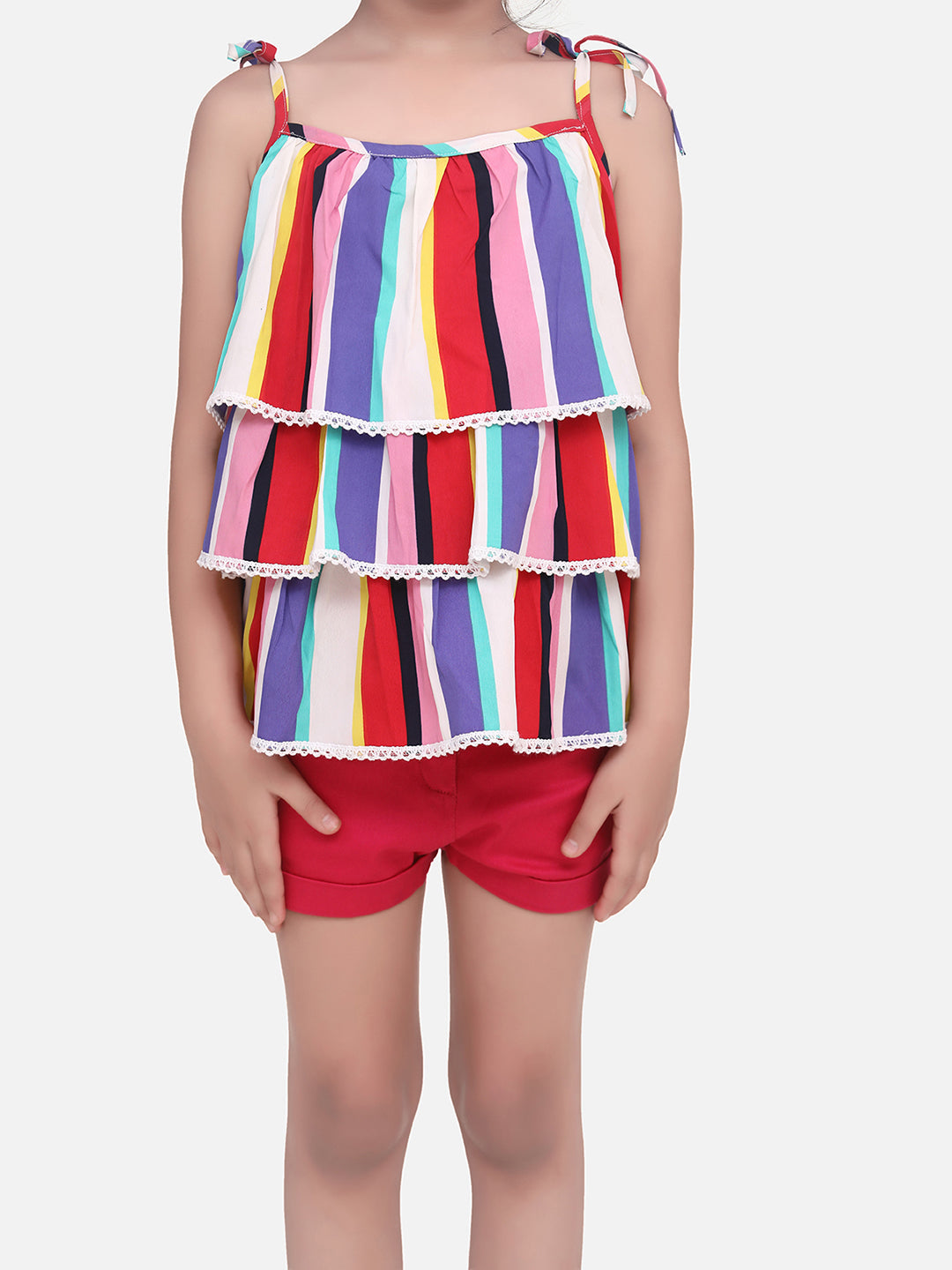 Girls Rainbow Striped Top with Pink Shorts Set