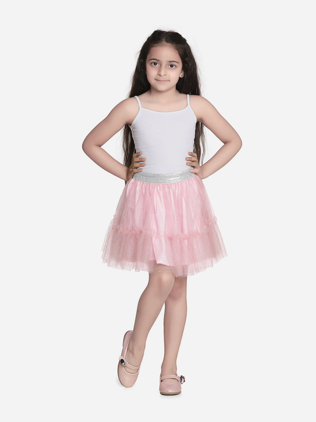 Girls Glitter Pink Net Skirt with Silver Elastic Waist