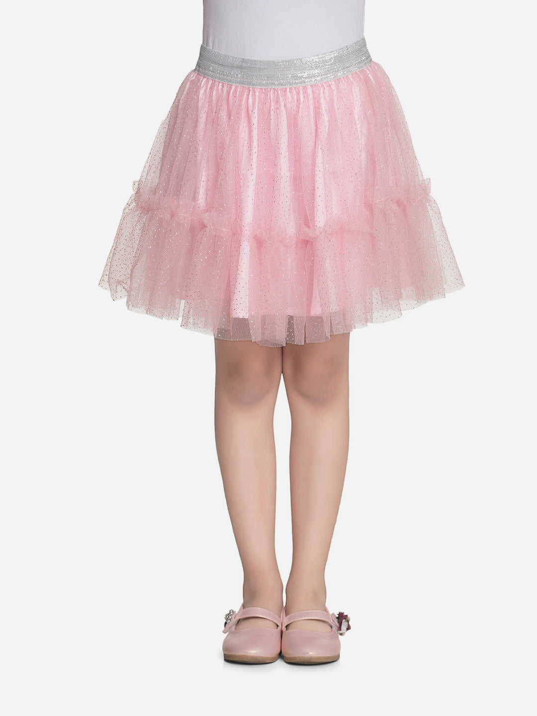 Girls Glitter Pink Net Skirt with Silver Elastic Waist