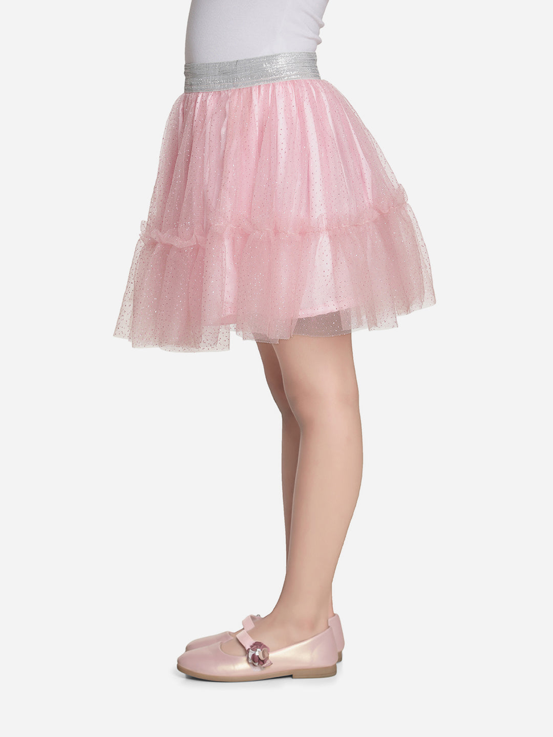 Girls Glitter Pink Net Skirt with Silver Elastic Waist