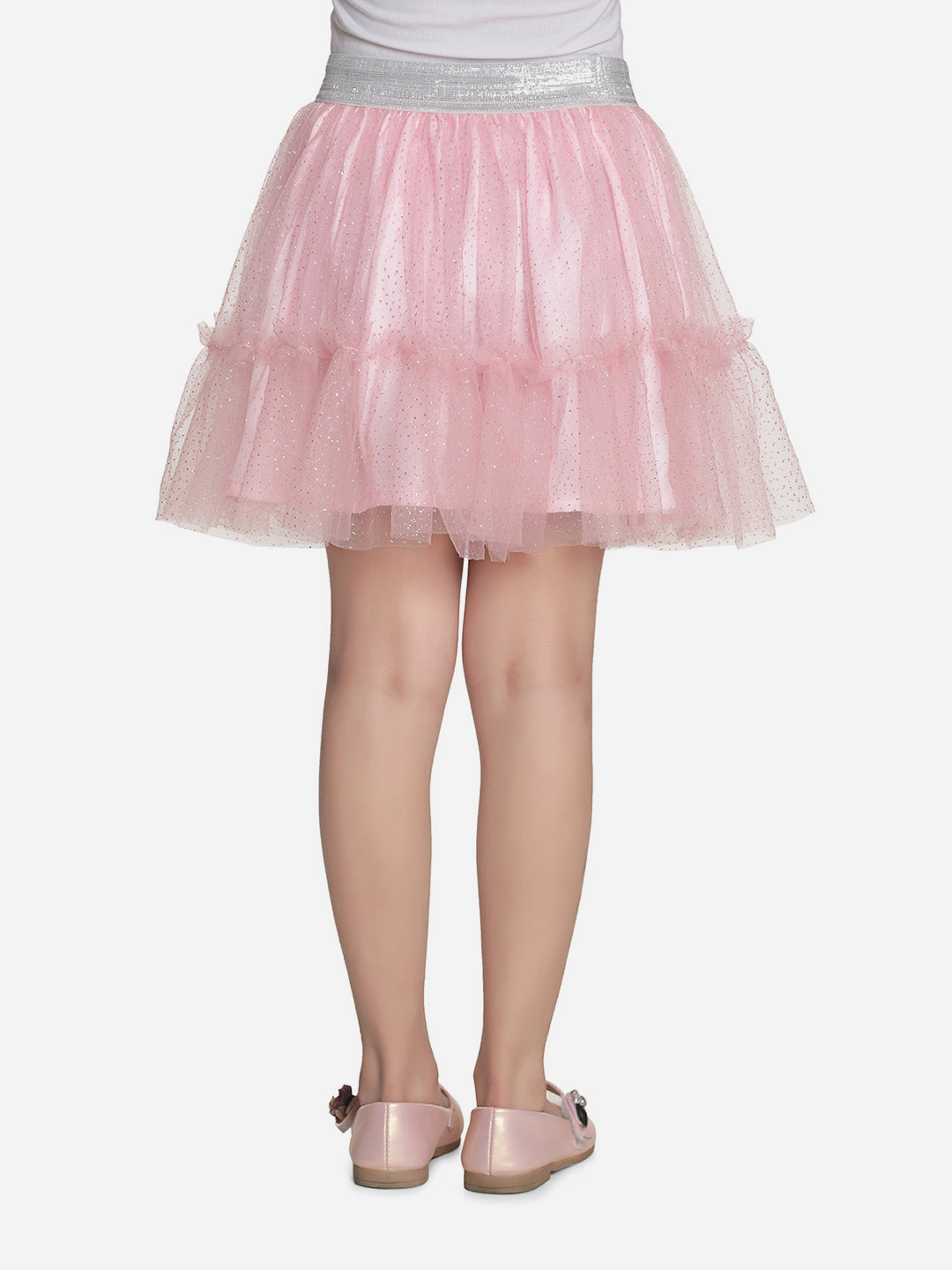 Girls Glitter Pink Net Skirt with Silver Elastic Waist