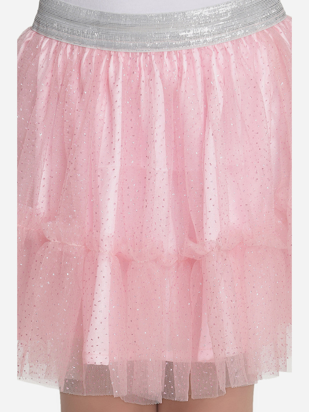 Girls Glitter Pink Net Skirt with Silver Elastic Waist