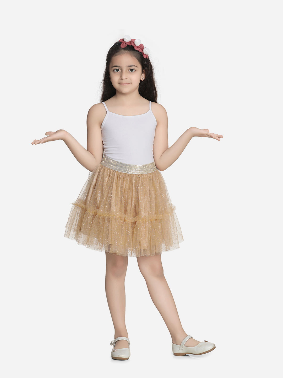 Girls Glitter Gold Net Skirt with Gold Elastic Waist