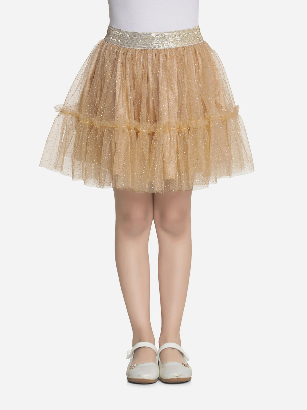 Girls Glitter Gold Net Skirt with Gold Elastic Waist