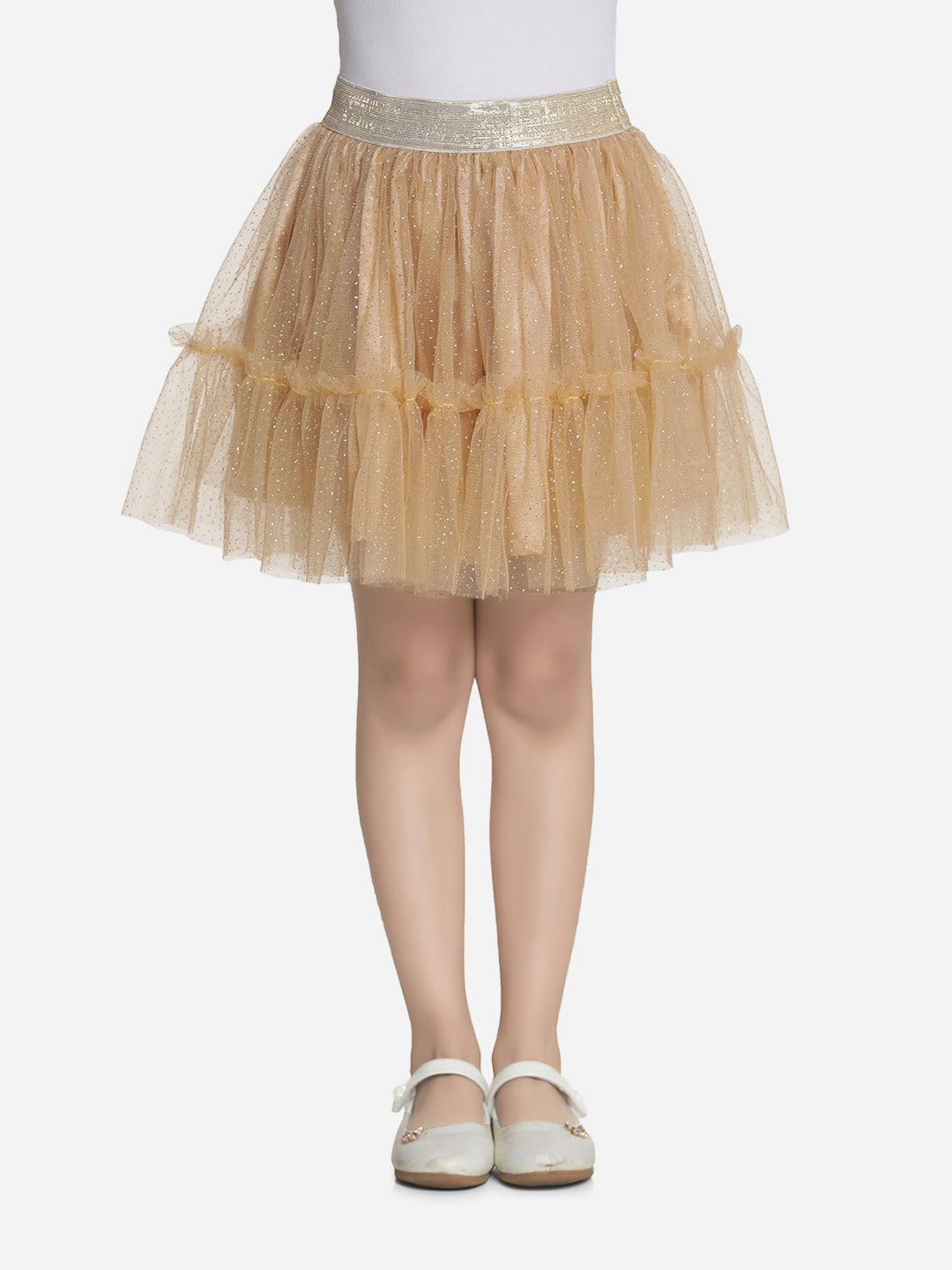 Girls Glitter Gold Net Skirt with Gold Elastic Waist