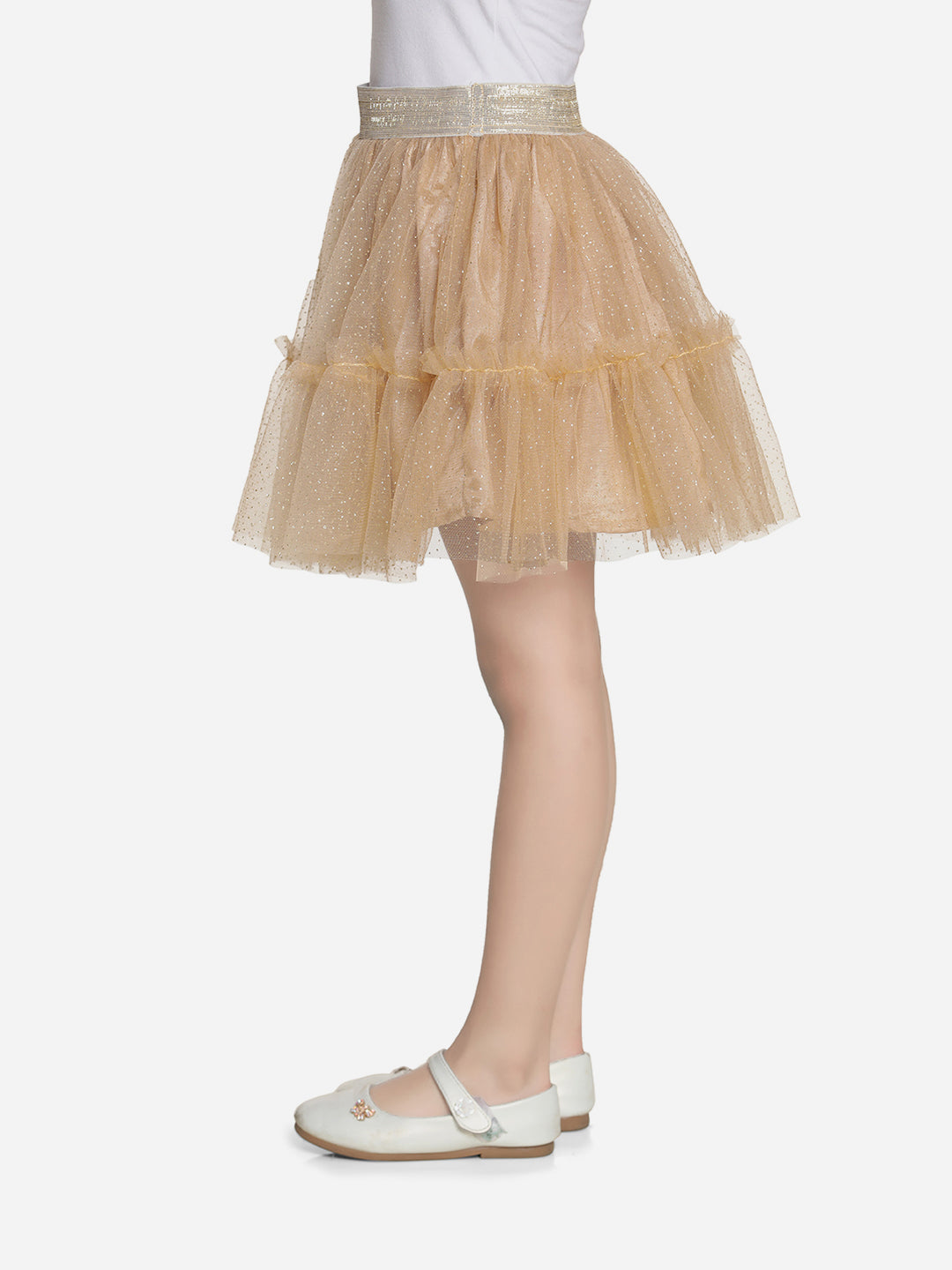 Girls Glitter Gold Net Skirt with Gold Elastic Waist