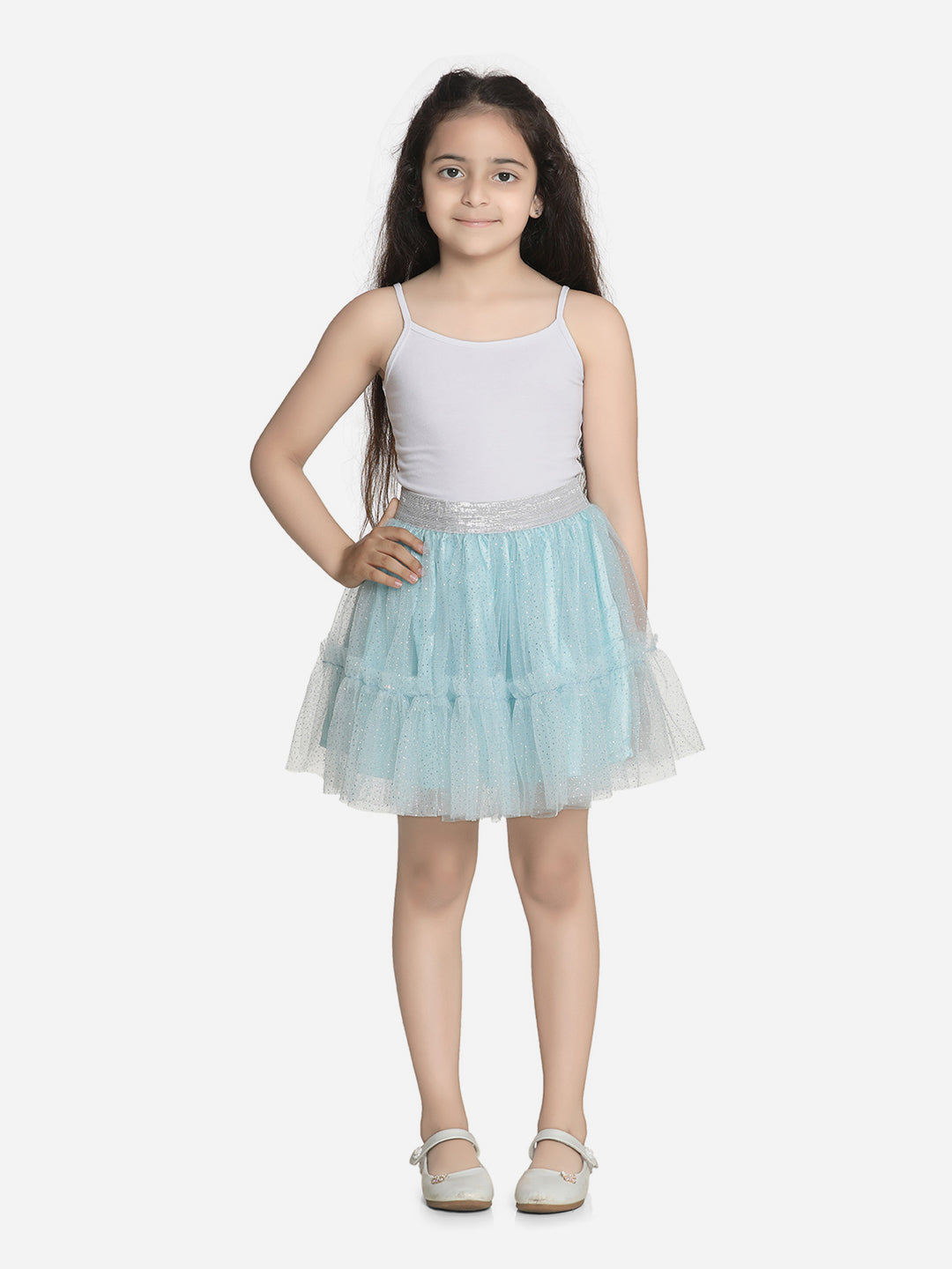 Girls Glitter Blue Net Skirt with Silver Elastic Waist