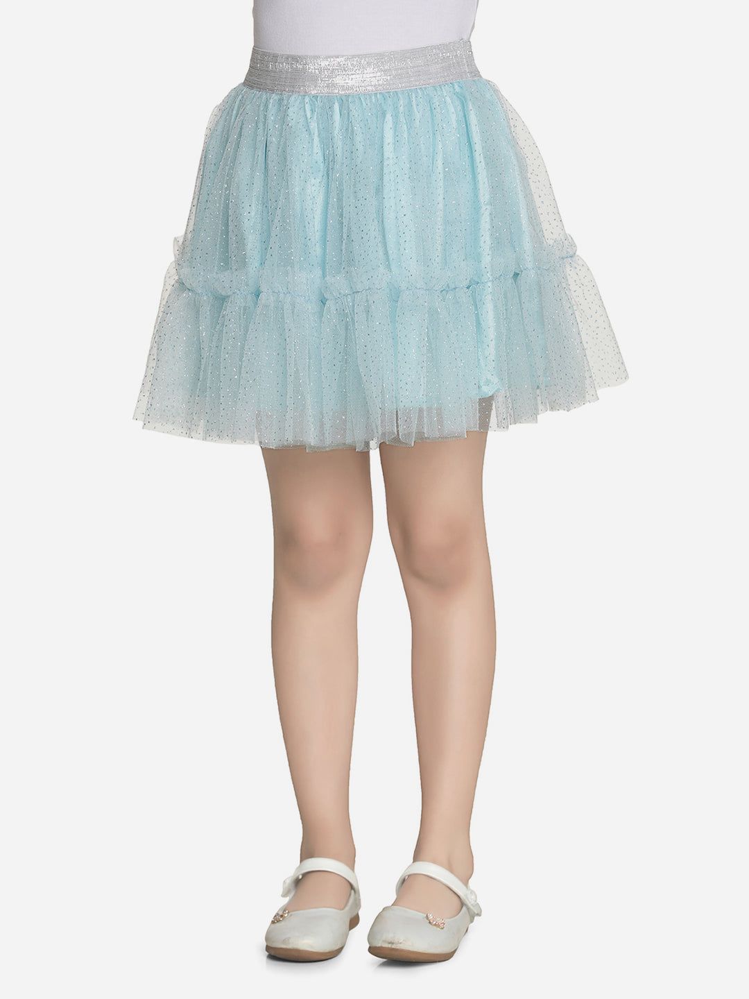 Girls Glitter Blue Net Skirt with Silver Elastic Waist