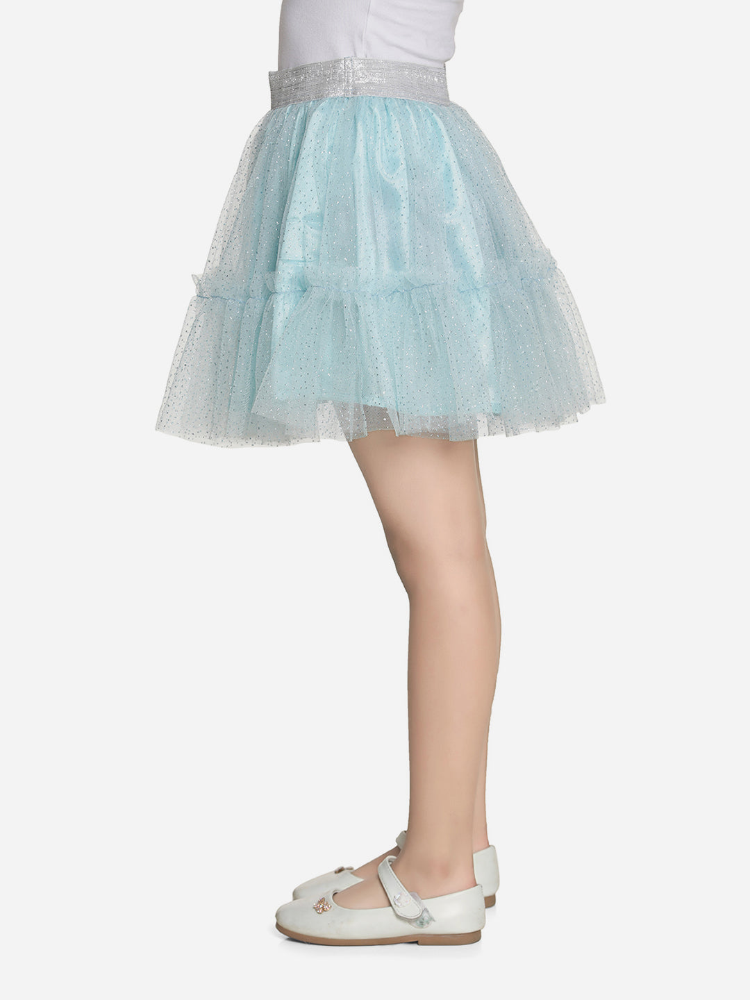 Girls Glitter Blue Net Skirt with Silver Elastic Waist