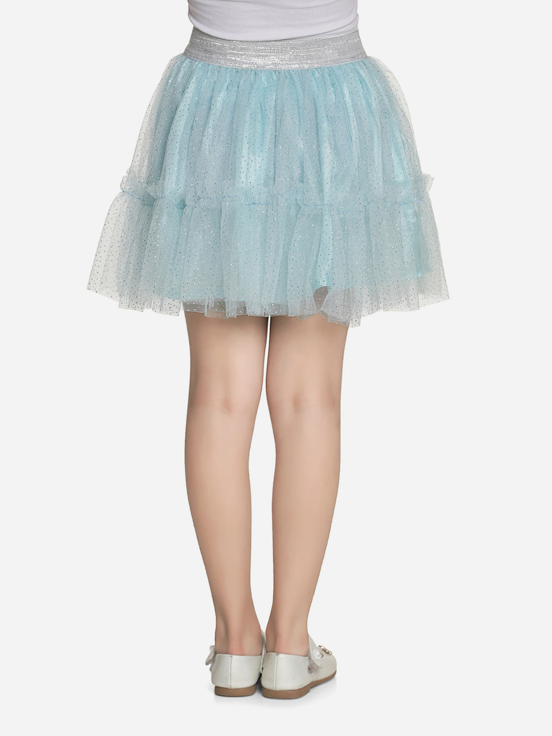 Girls Glitter Blue Net Skirt with Silver Elastic Waist