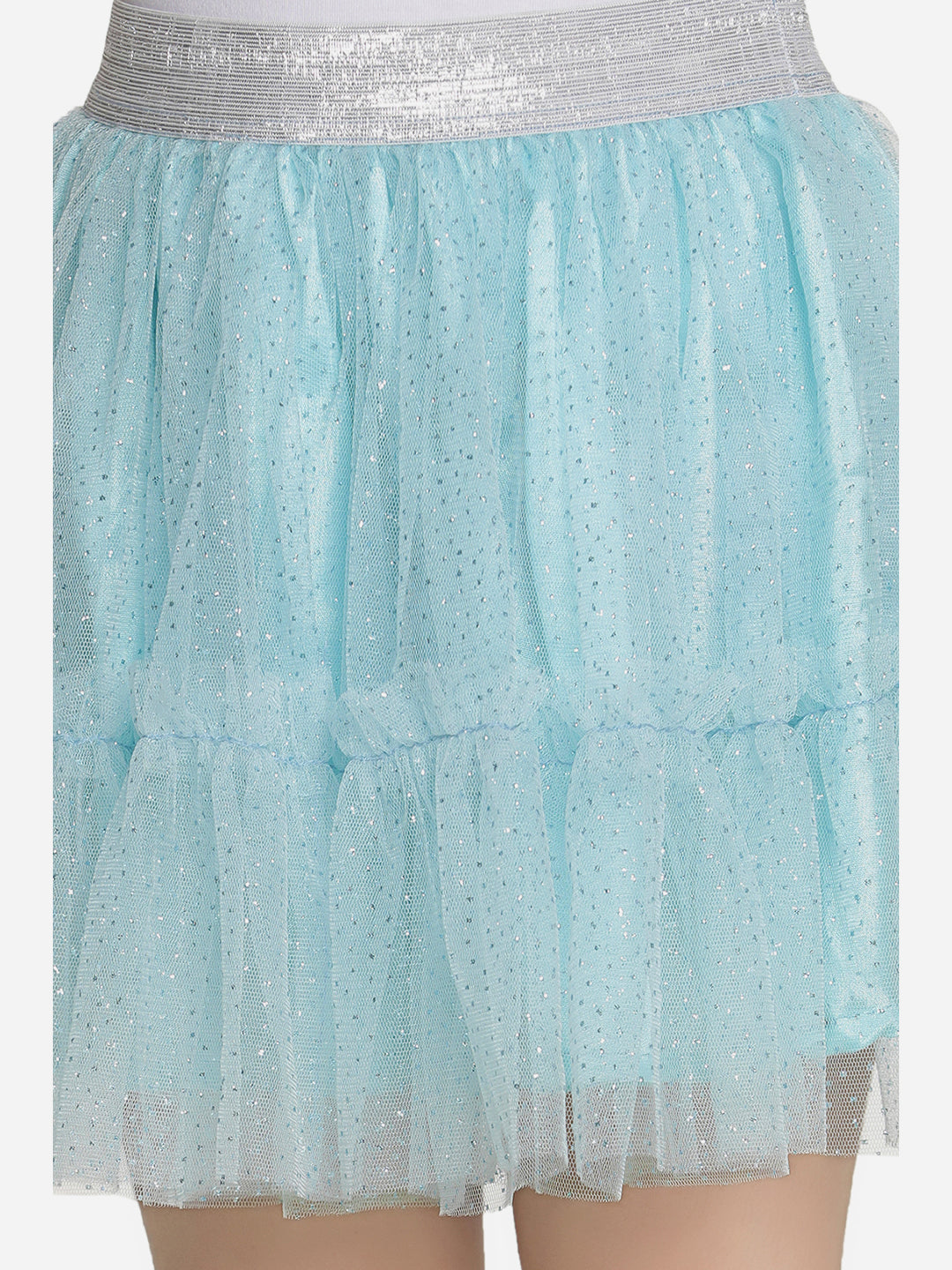 Girls Glitter Blue Net Skirt with Silver Elastic Waist