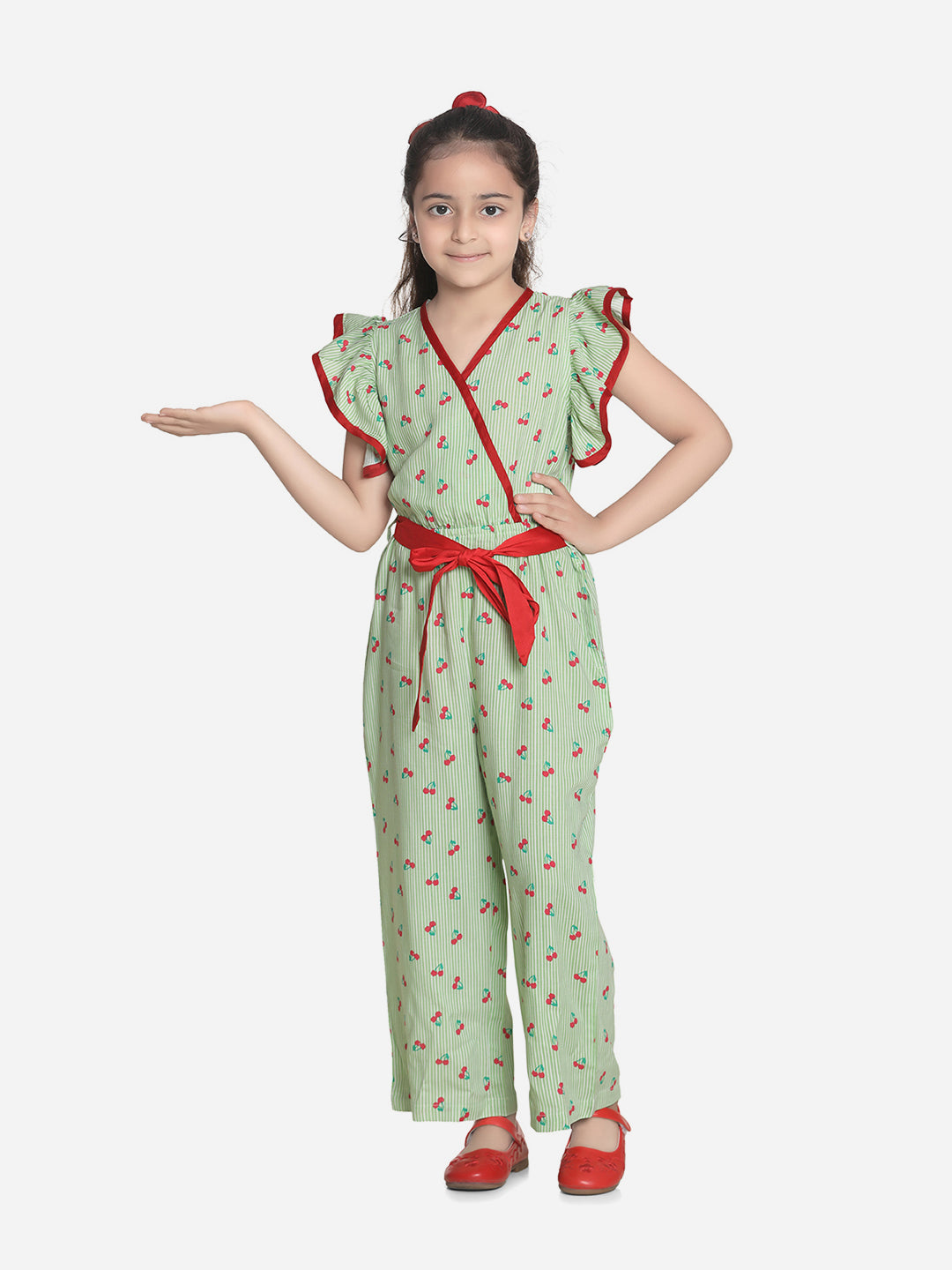 Girls Green and Red Cherry Jumpsuit with Flutter Sleeves