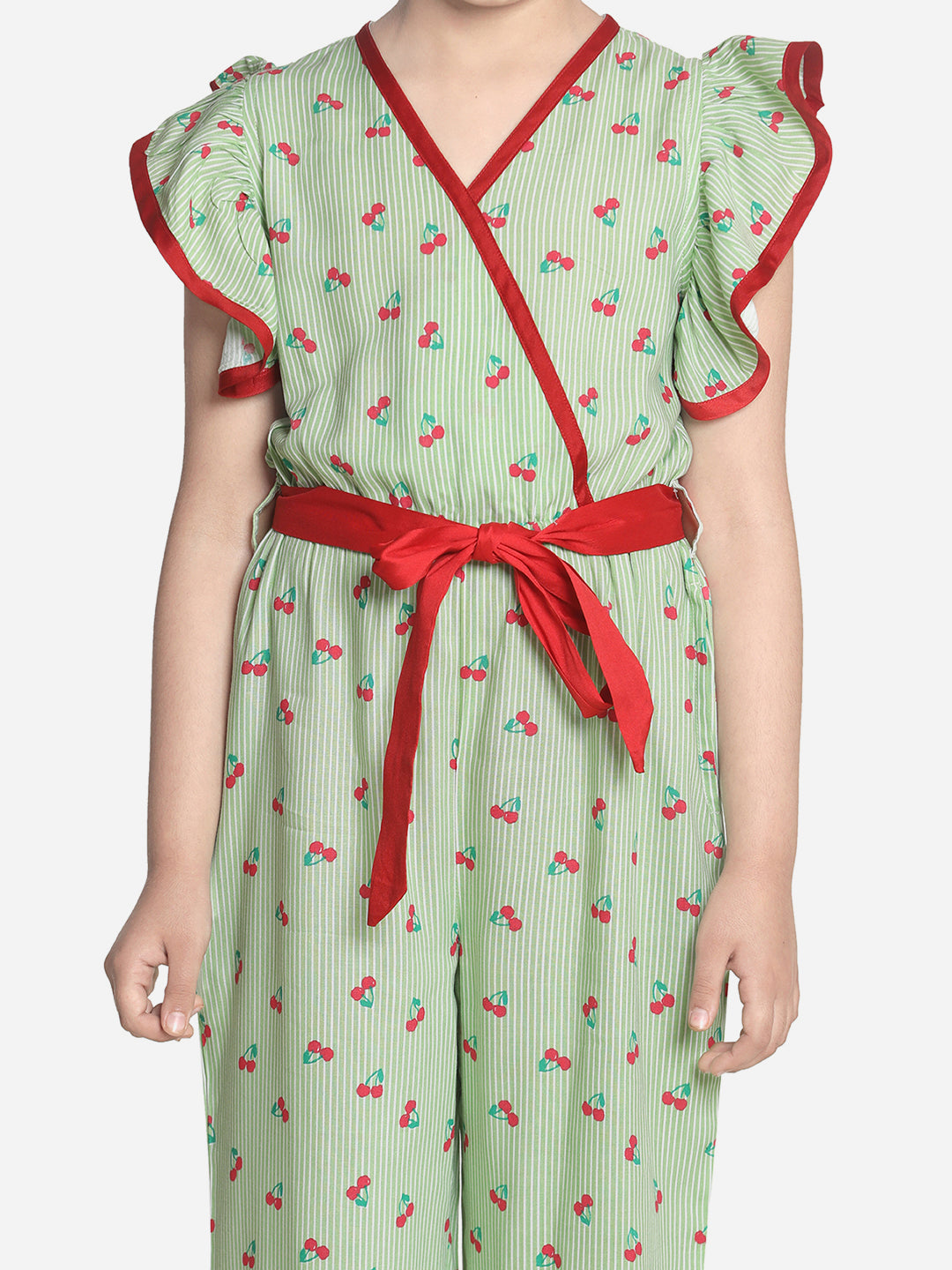 Girls Green and Red Cherry Jumpsuit with Flutter Sleeves