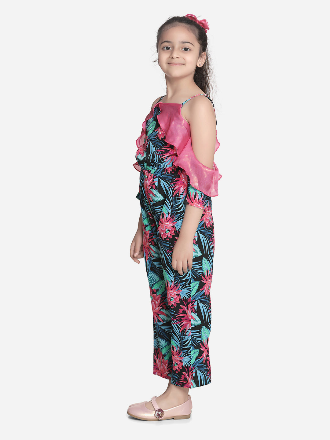 Girls Floral Jumpsuit with Pink Off Shoulder ruffle