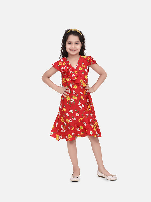 Girls Red Floral Polyester Crepe Dress with Ruffle