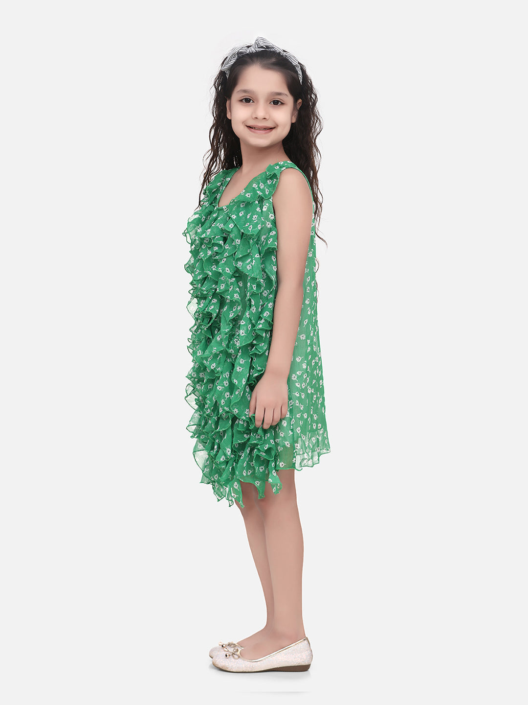 SyleStone Girls Green Chiffon Printed Ruffle Dress