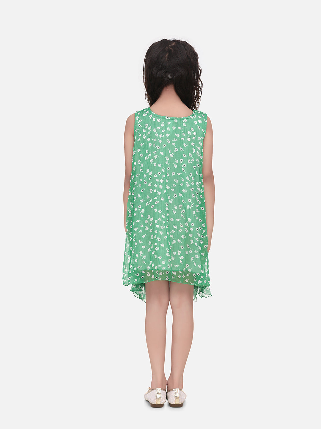 SyleStone Girls Green Chiffon Printed Ruffle Dress