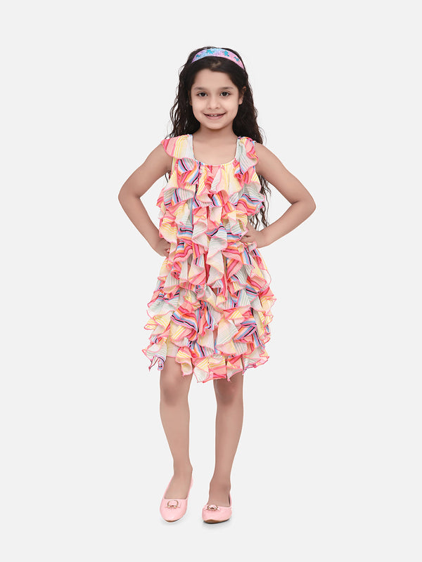 SyleStone Girls Multicolour Georgette Printed Ruffle Dress