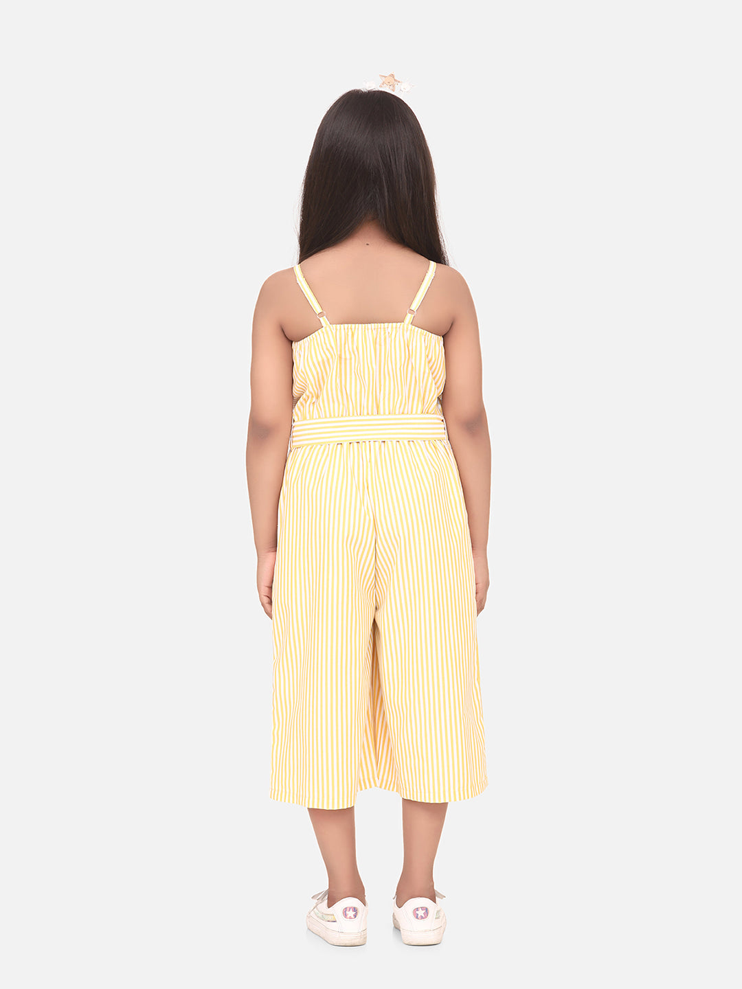 Girls Cotton Blend Yellow Stripe 3/4th Jumpsuit