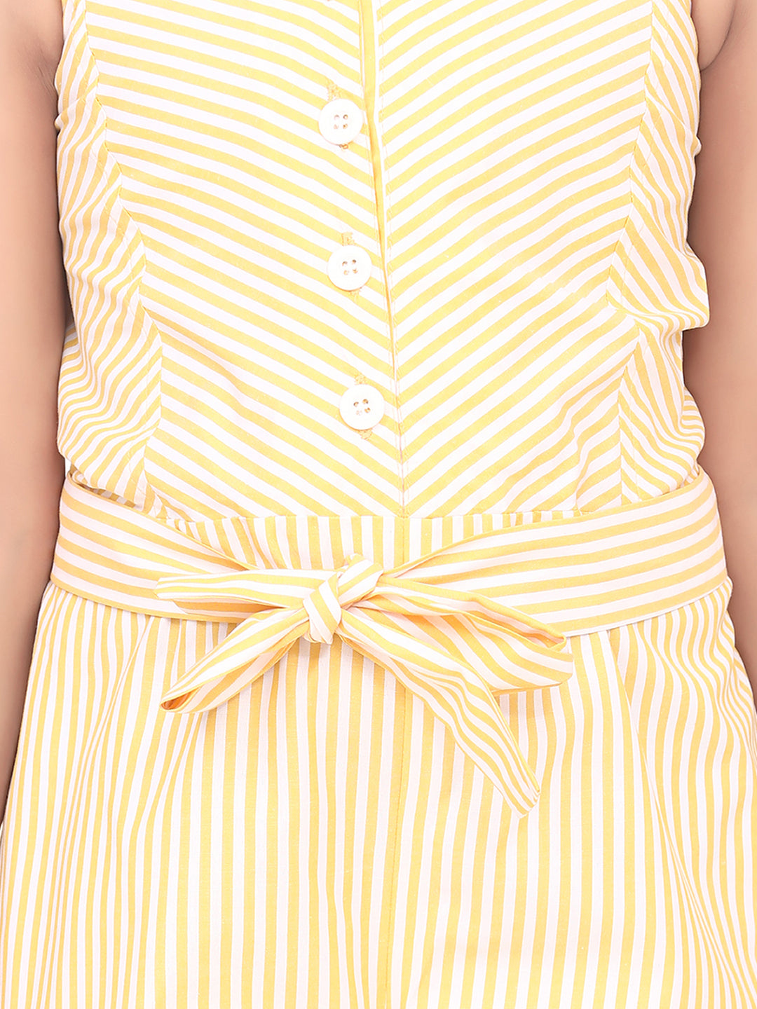 Girls Cotton Blend Yellow Stripe 3/4th Jumpsuit