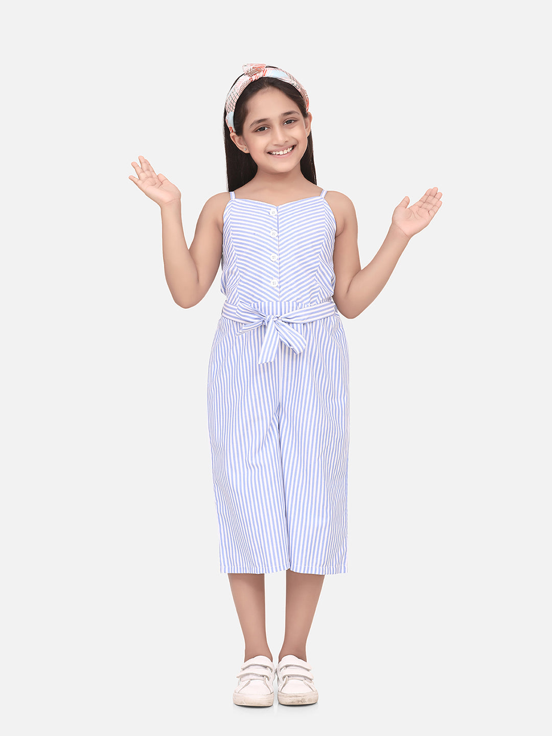 Girls Cotton Blend Blue Stripe 3/4th Jumpsuit