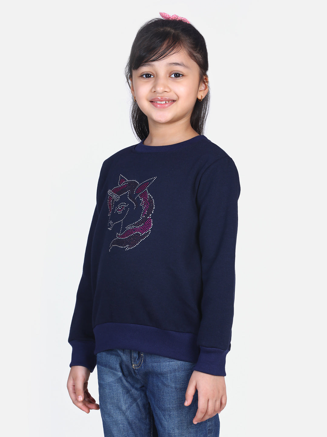Girls Navy Crystal Unicorn embellished Winter sweatshirt