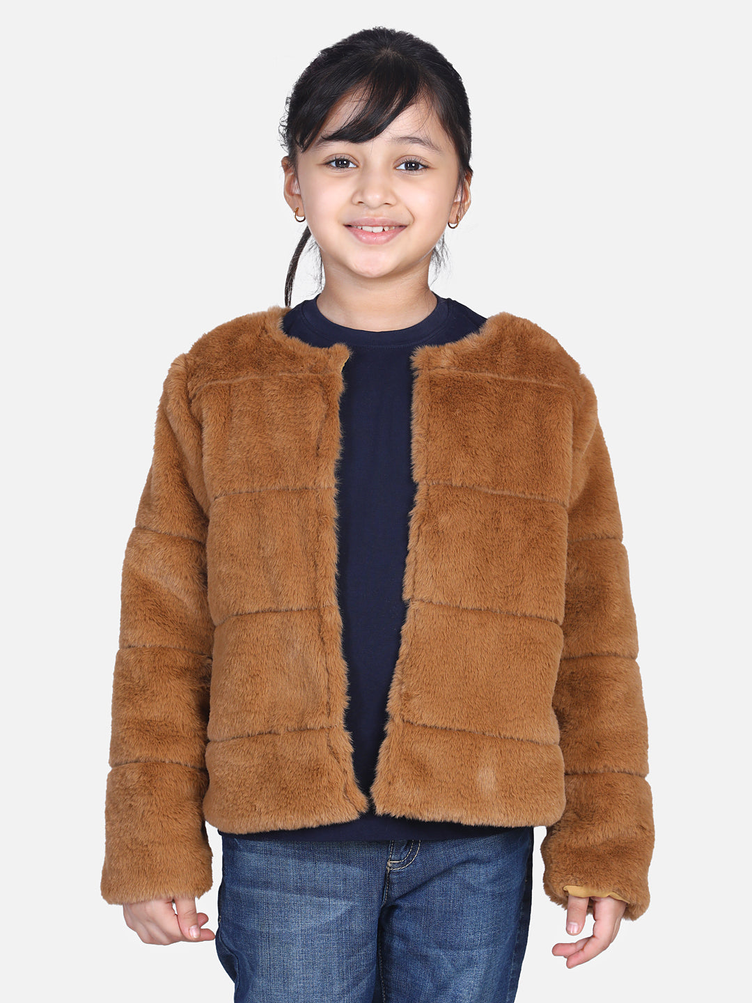 Girls Brown Faux Fur Open Jacket